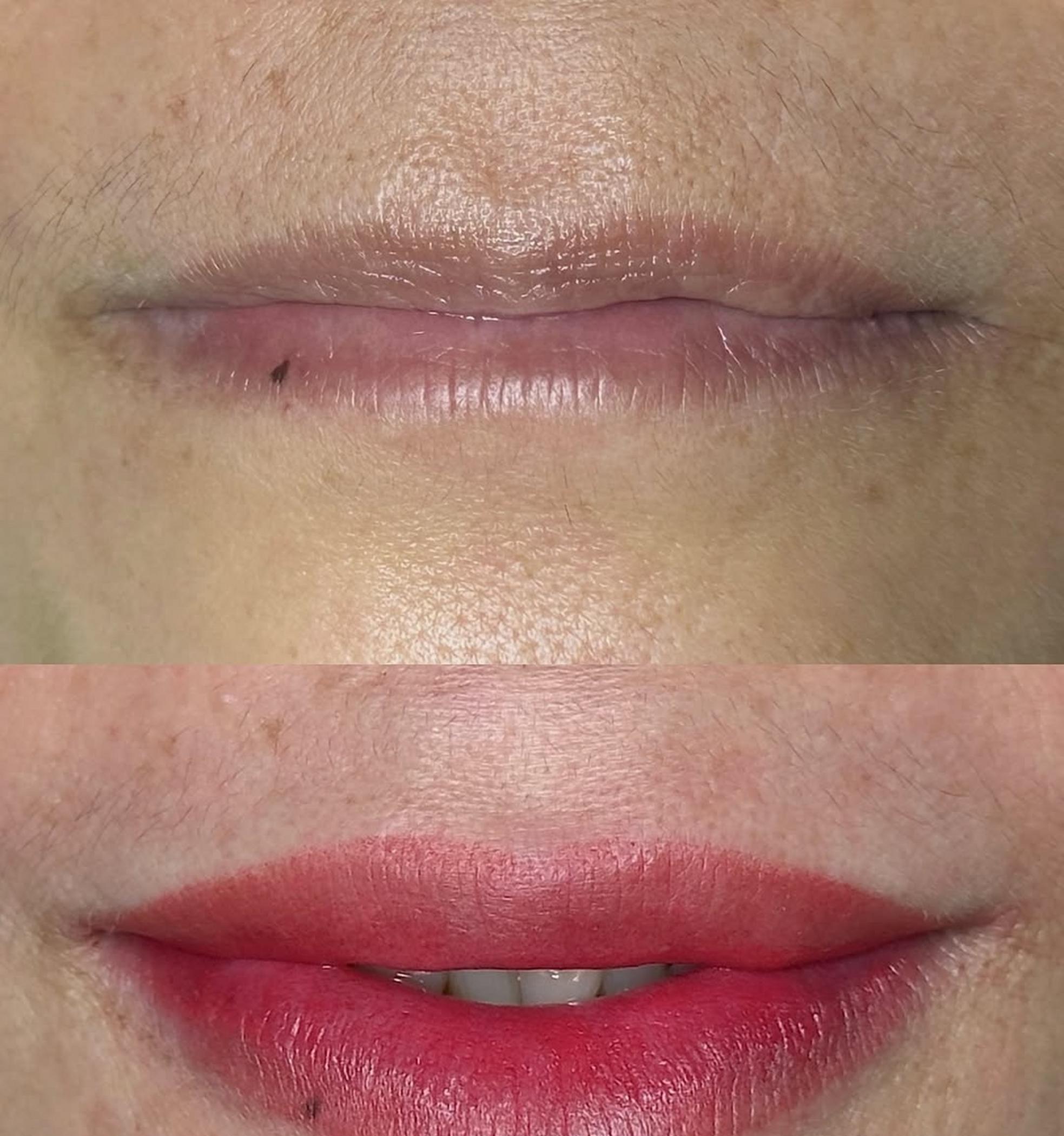 technician applying lip tattoo powder technique